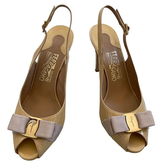 Salvatore Ferragamo beige nude peep toe slingback pumps w bow detail size 7 4”